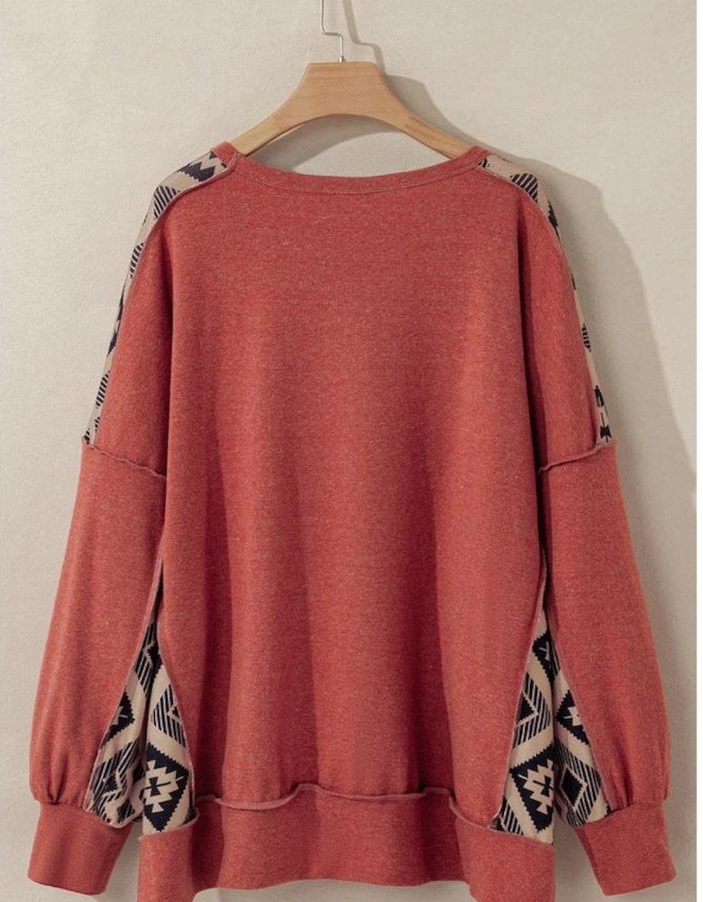 Redwood Burl Aztec Patchwork Drop Shoulder Plus Size High Low Sweatshirt