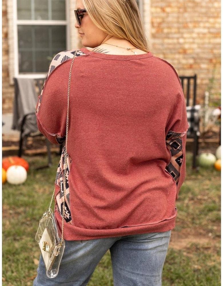 Redwood Burl Aztec Patchwork Drop Shoulder Plus Size High Low Sweatshirt