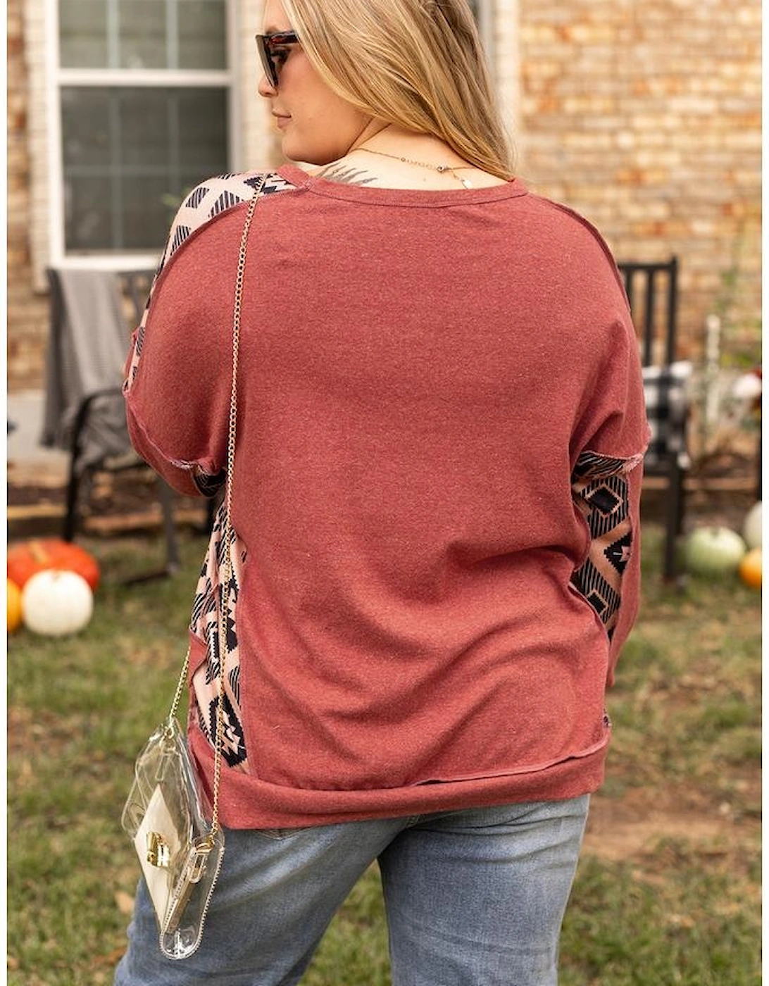 Redwood Burl Aztec Patchwork Drop Shoulder Plus Size High Low Sweatshirt