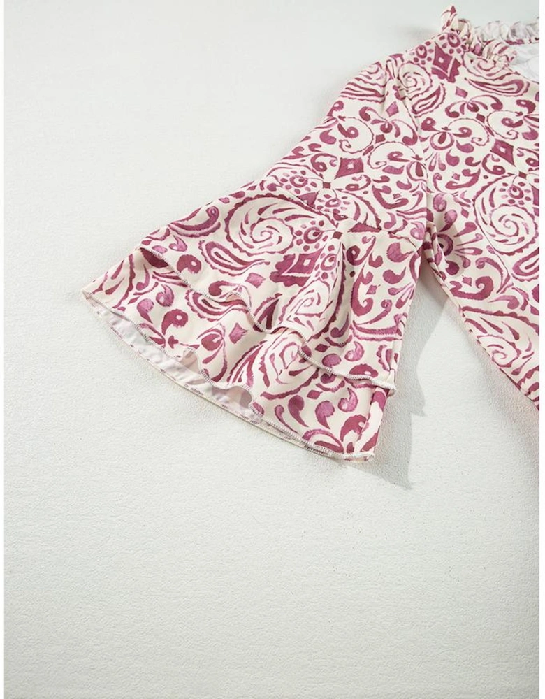 Pink Paisley Print Tiered 3/4 Sleeve Notched Neck Mini Dress