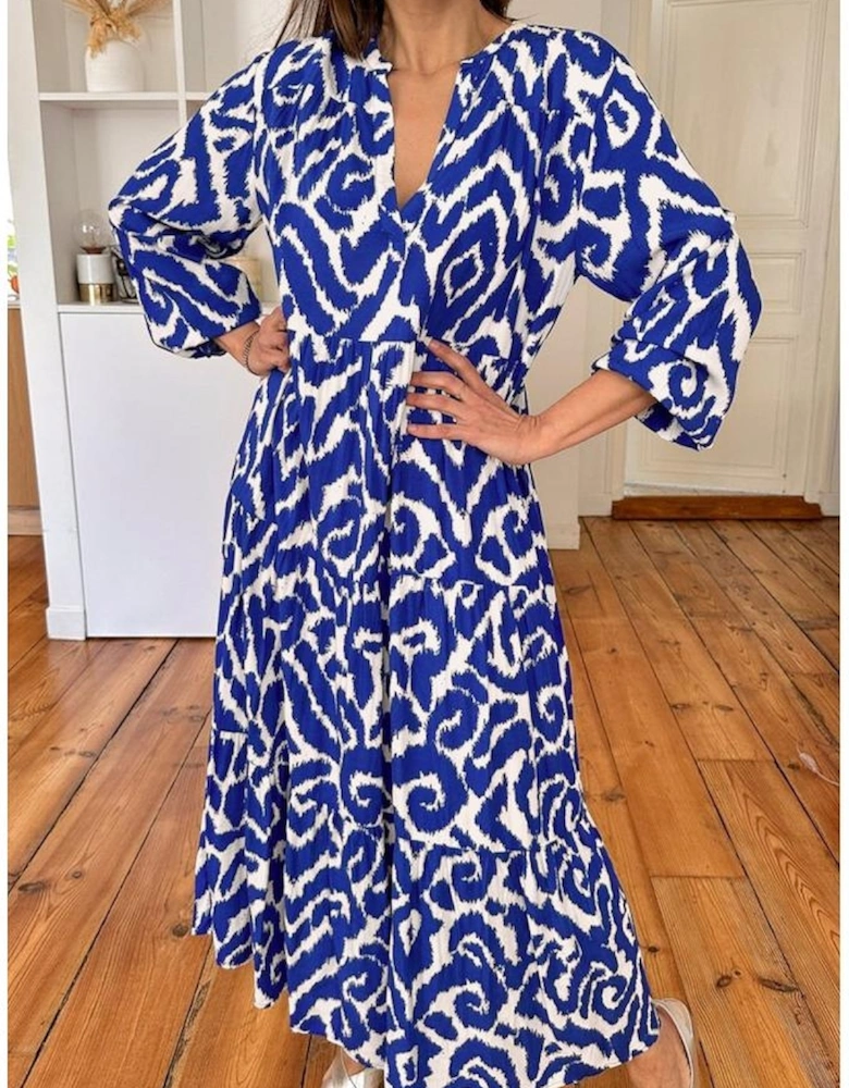 Blue Western Abstract Geometric Printed Maxi Dress