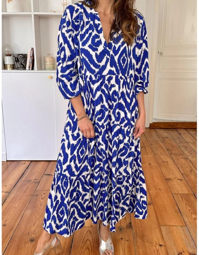 Blue Western Abstract Geometric Printed Maxi Dress