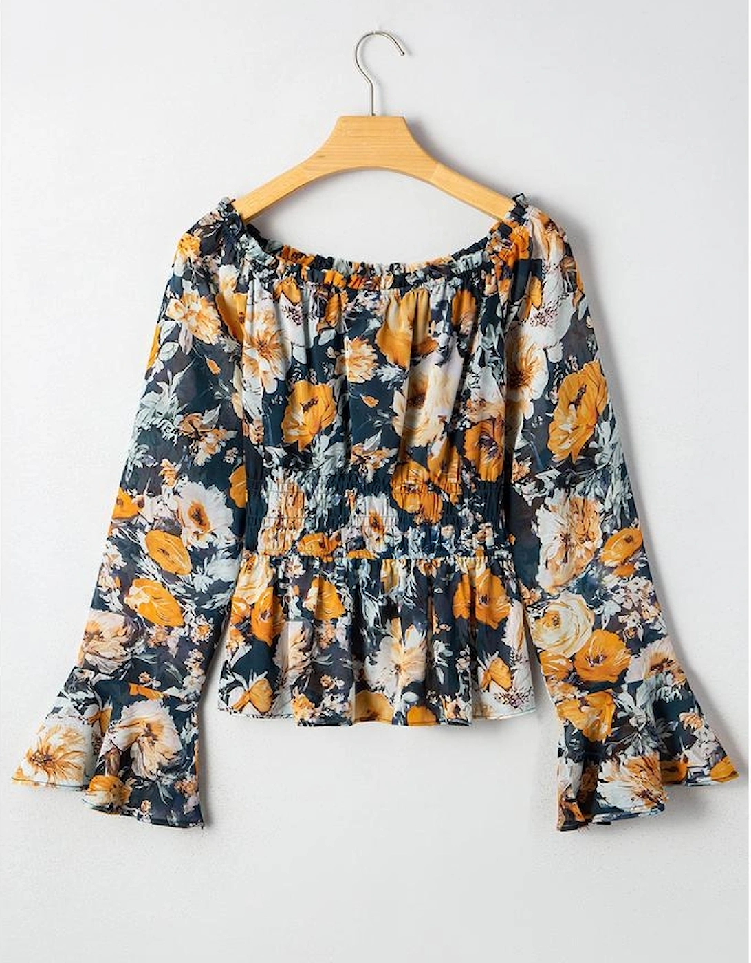 Blue Floral Off Shoulder Bell Sleeve Smocked Peplum Top