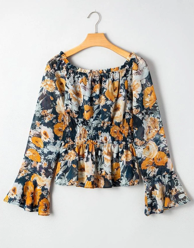 Blue Floral Off Shoulder Bell Sleeve Smocked Peplum Top