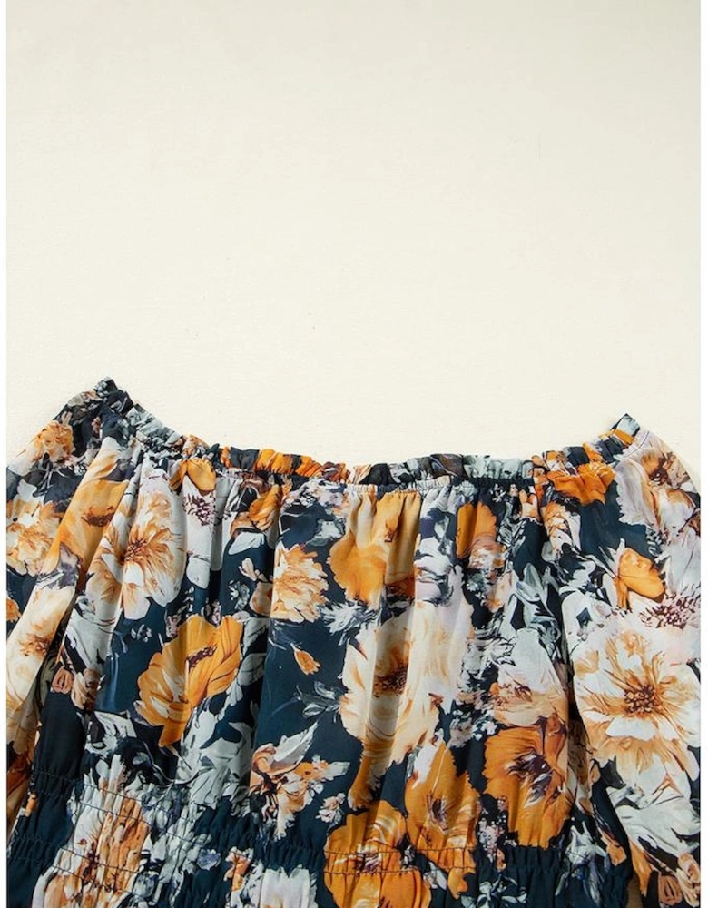 Blue Floral Off Shoulder Bell Sleeve Smocked Peplum Top