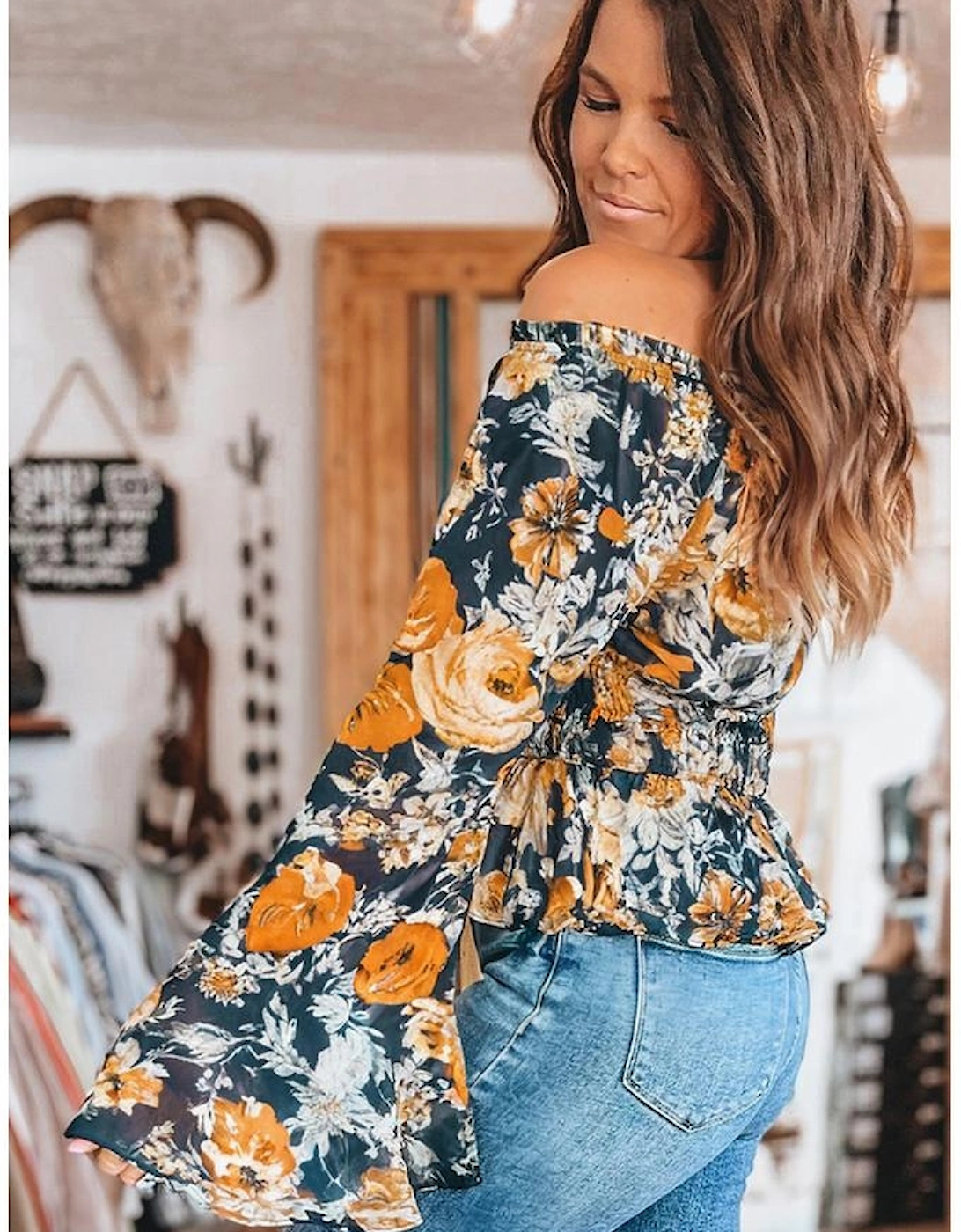 Blue Floral Off Shoulder Bell Sleeve Smocked Peplum Top, 11 of 10