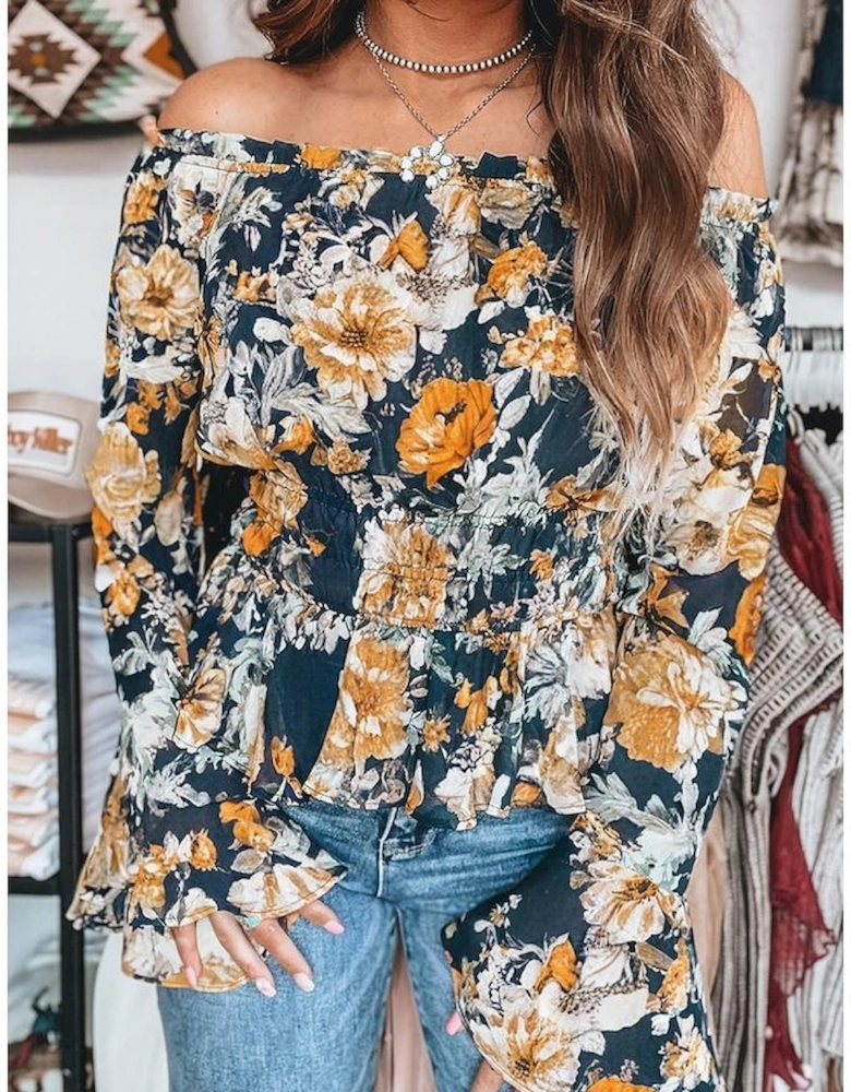 Blue Floral Off Shoulder Bell Sleeve Smocked Peplum Top