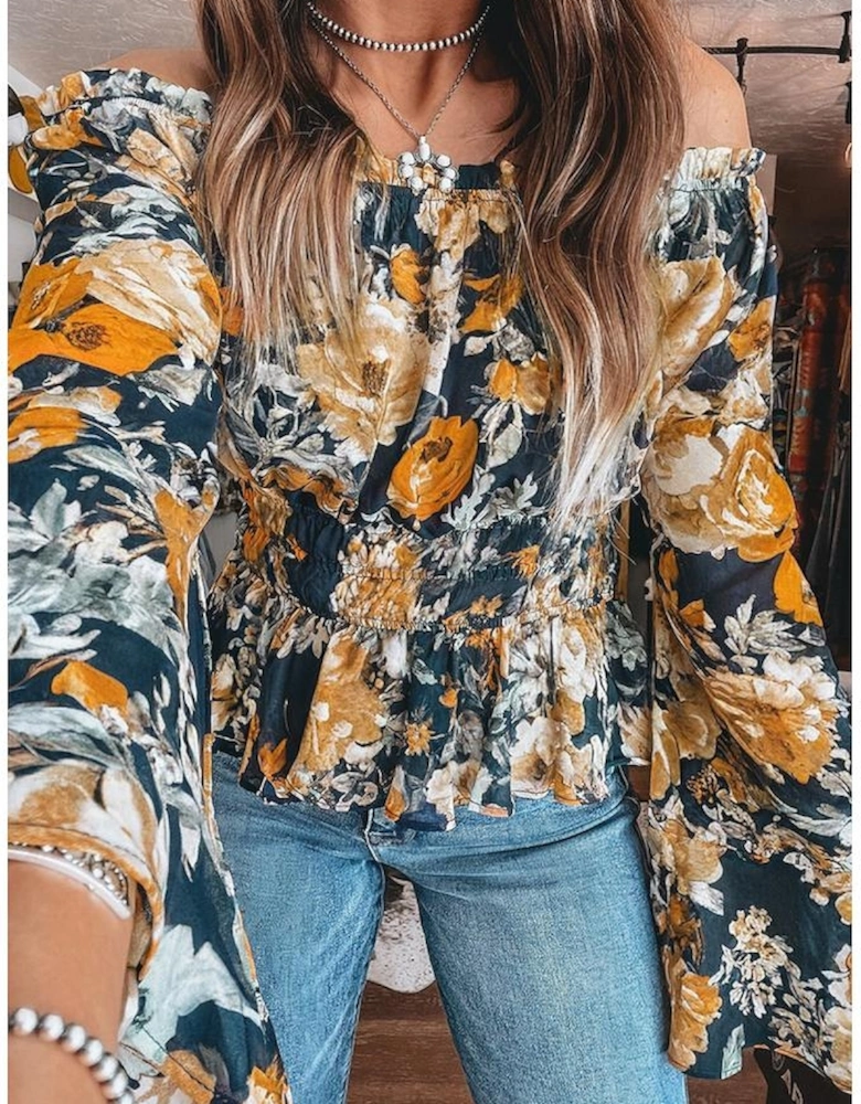 Blue Floral Off Shoulder Bell Sleeve Smocked Peplum Top