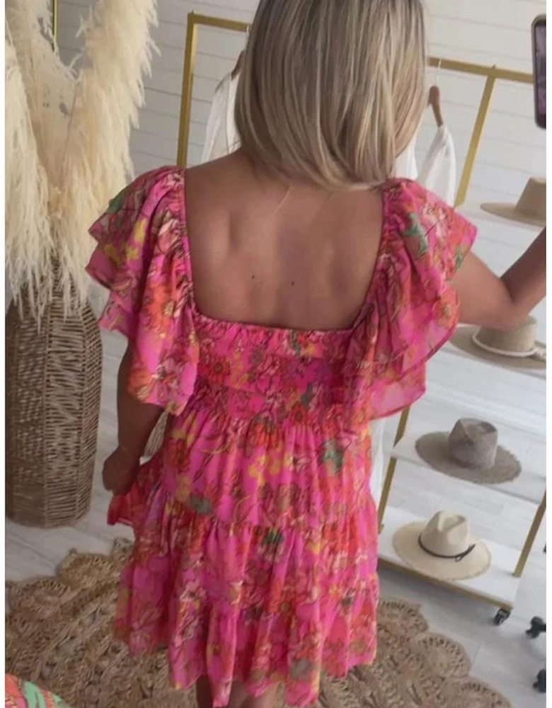 Pink Floral Square Neck Ruffle Sleeve Tiered Dress