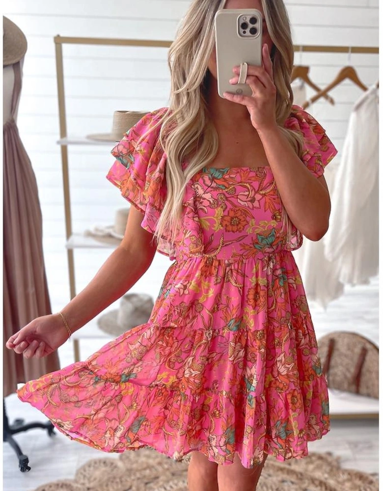 Pink Floral Square Neck Ruffle Sleeve Tiered Dress