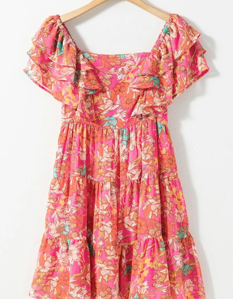 Pink Floral Square Neck Ruffle Sleeve Tiered Dress