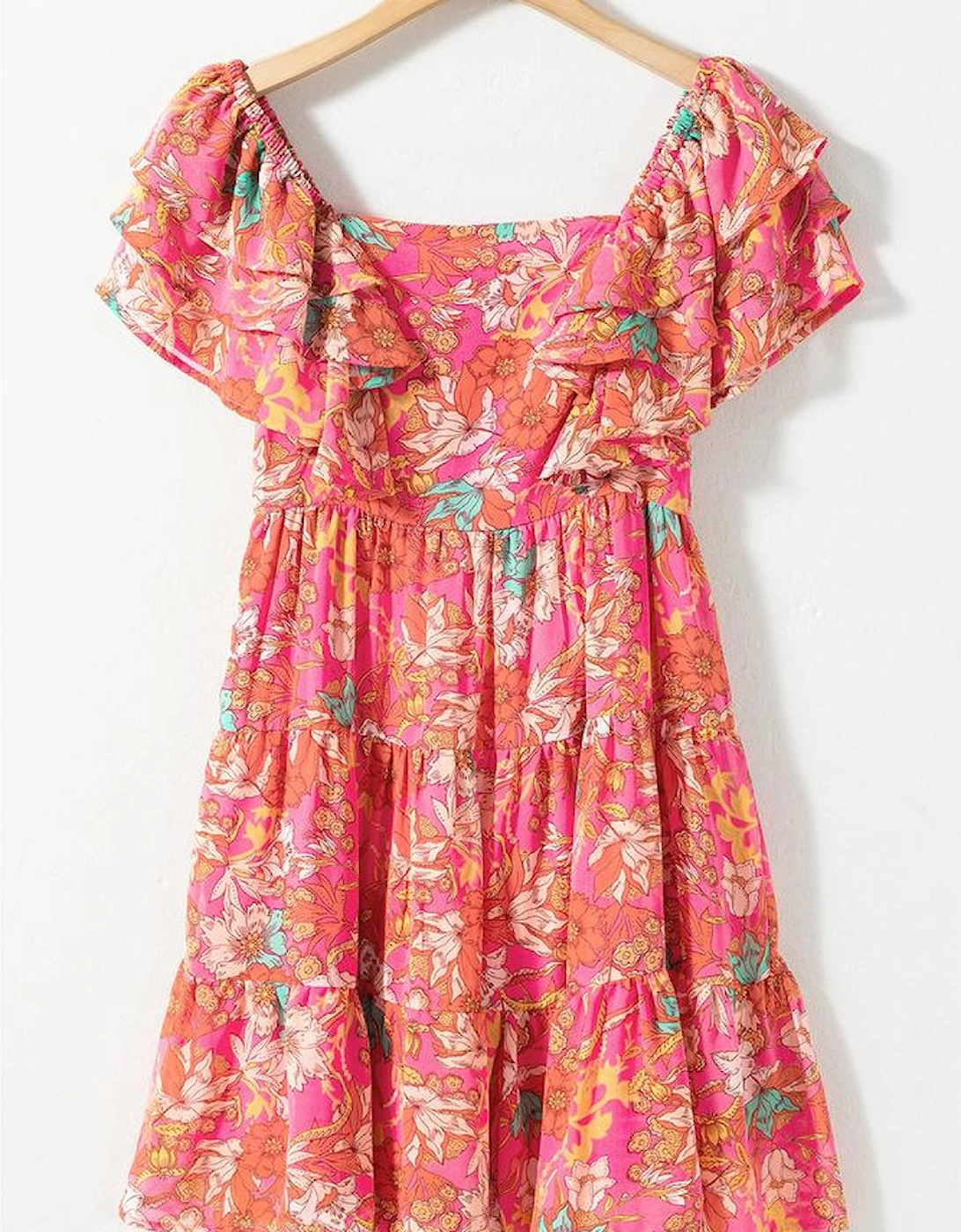 Pink Floral Square Neck Ruffle Sleeve Tiered Dress