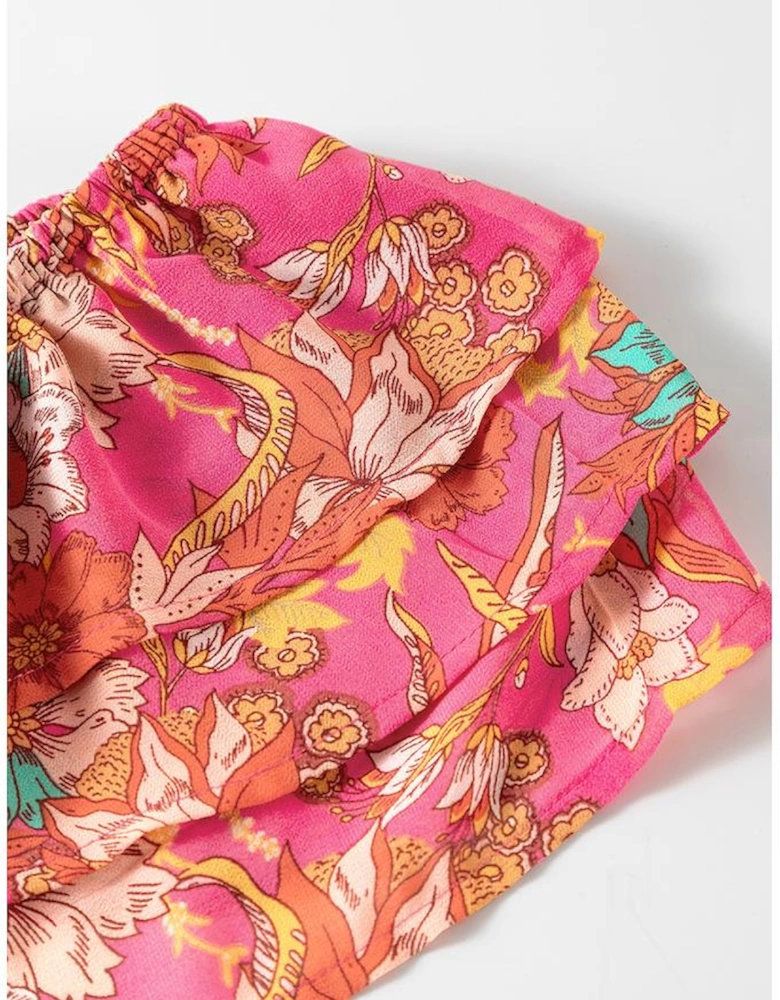 Pink Floral Square Neck Ruffle Sleeve Tiered Dress