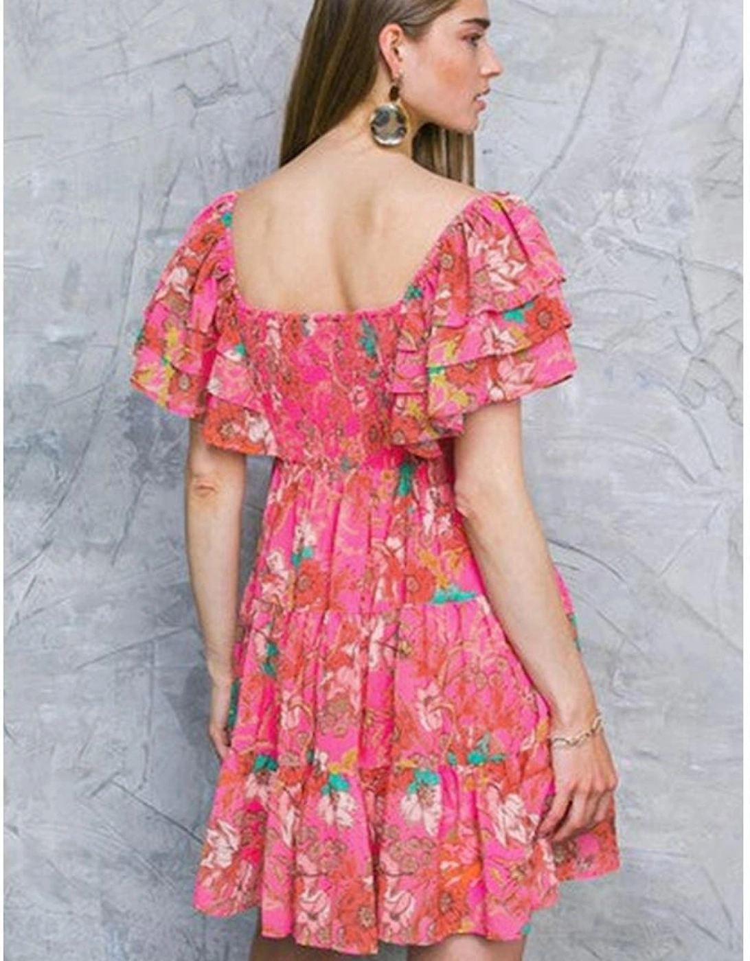 Pink Floral Square Neck Ruffle Sleeve Tiered Dress