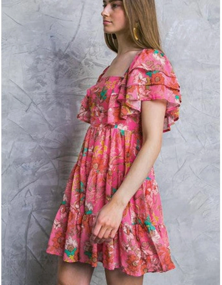 Pink Floral Square Neck Ruffle Sleeve Tiered Dress