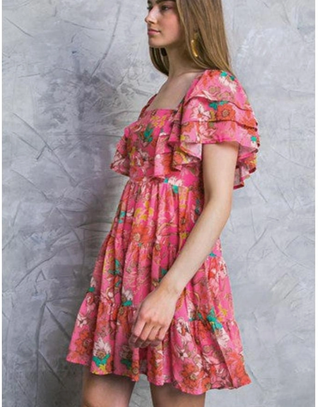 Pink Floral Square Neck Ruffle Sleeve Tiered Dress