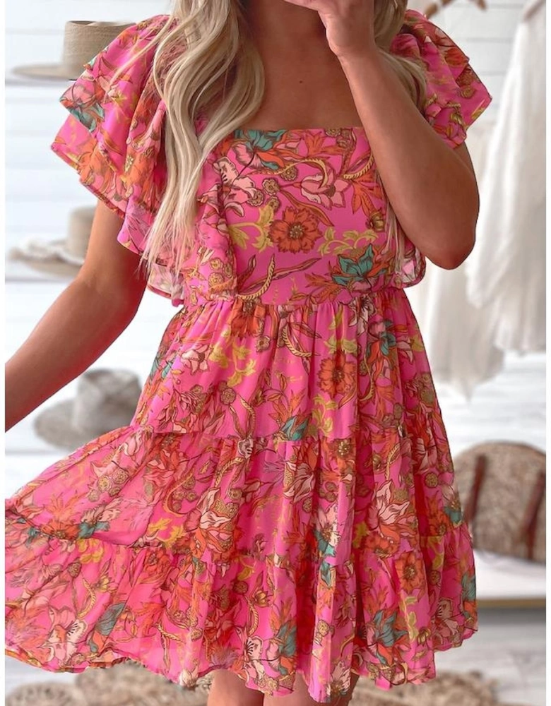 Pink Floral Square Neck Ruffle Sleeve Tiered Dress