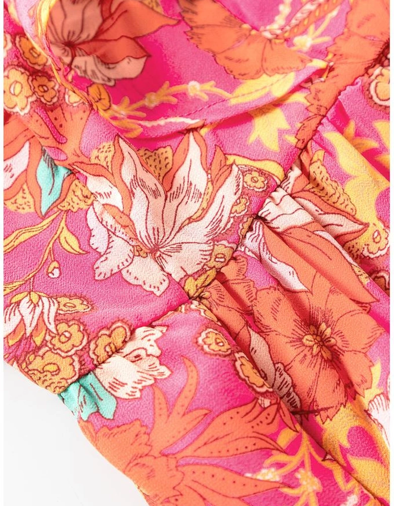 Pink Floral Square Neck Ruffle Sleeve Tiered Dress