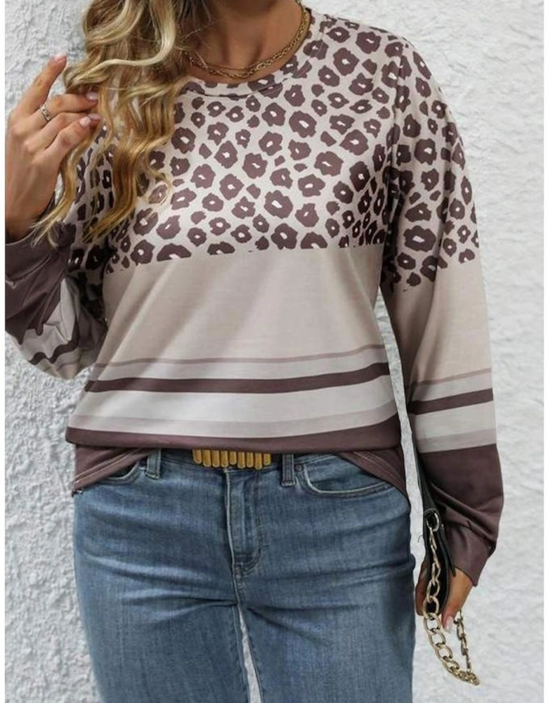 Coffee Plus Size Leopard Striped Long Sleeve Crew Neck Top