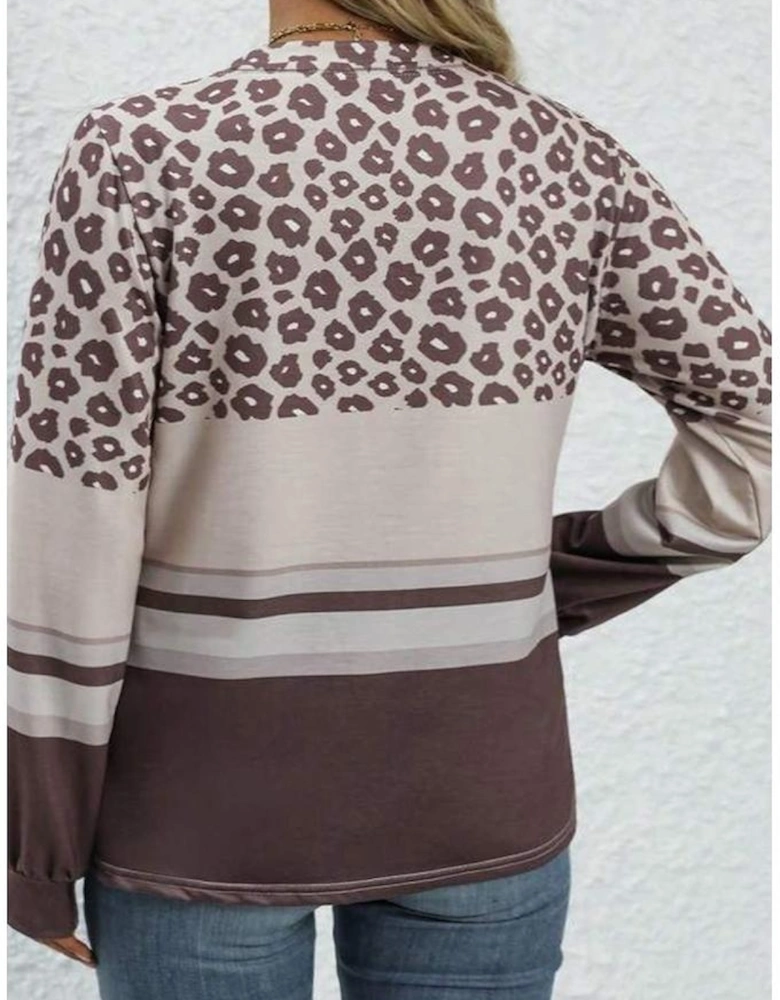 Coffee Plus Size Leopard Striped Long Sleeve Crew Neck Top