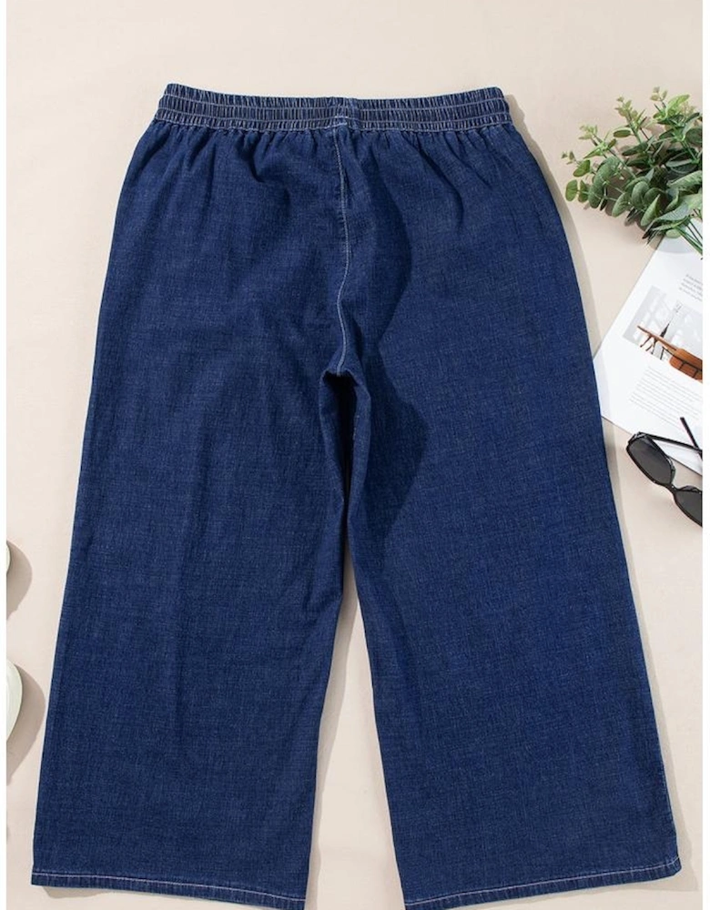 Real Teal Plus Size Drawstring High Waist Wide Leg Casual Jeans