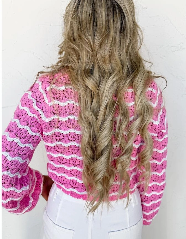 Pink Stripe Crochet Scalloped Trim Lace-up Front Cropped Cardigan