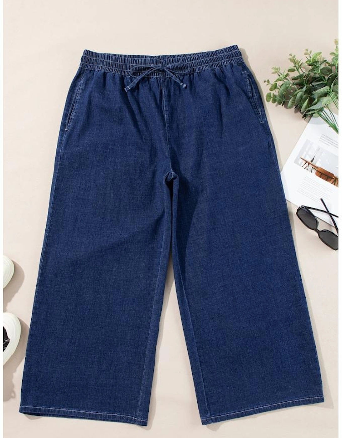 Real Teal Plus Size Drawstring High Waist Wide Leg Casual Jeans