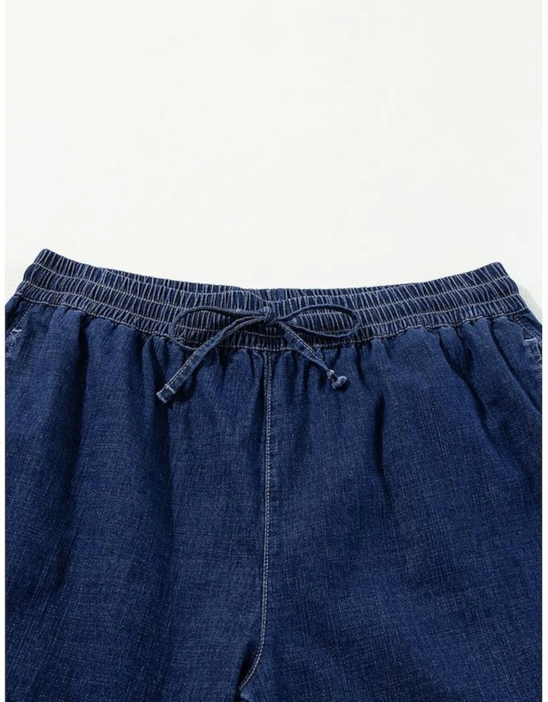 Real Teal Plus Size Drawstring High Waist Wide Leg Casual Jeans