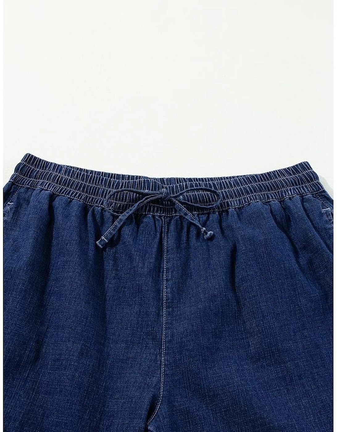 Real Teal Plus Size Drawstring High Waist Wide Leg Casual Jeans