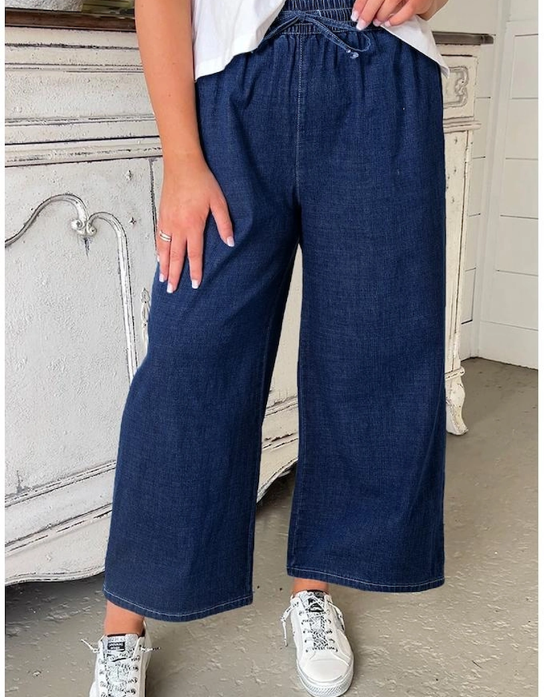 Real Teal Plus Size Drawstring High Waist Wide Leg Casual Jeans