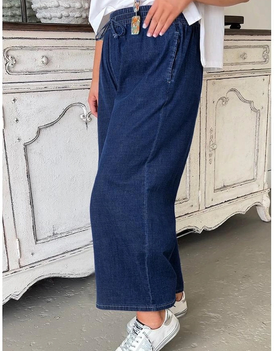 Real Teal Plus Size Drawstring High Waist Wide Leg Casual Jeans