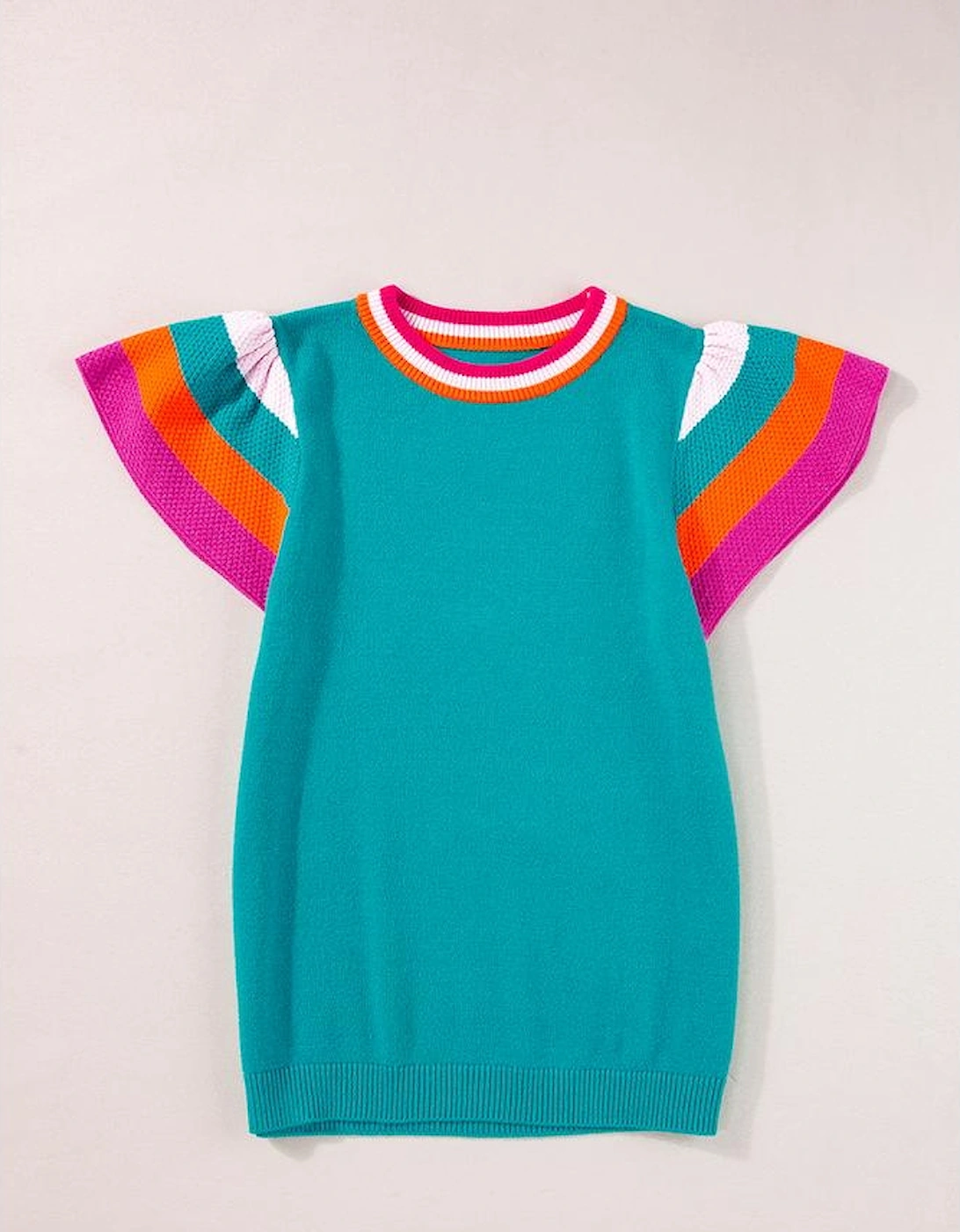 Turquoise Contrast Flutter Sleeves Knitted Sweater T Shirt, 7 of 6