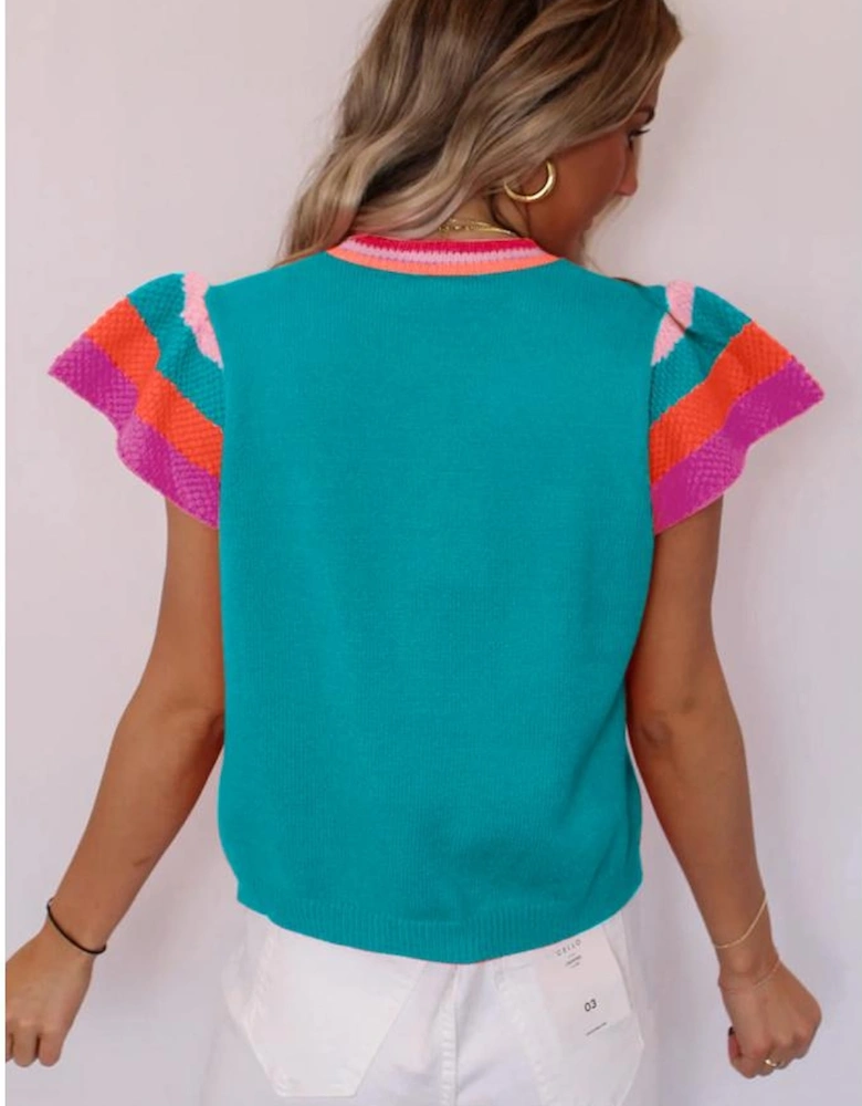 Turquoise Contrast Flutter Sleeves Knitted Sweater T Shirt