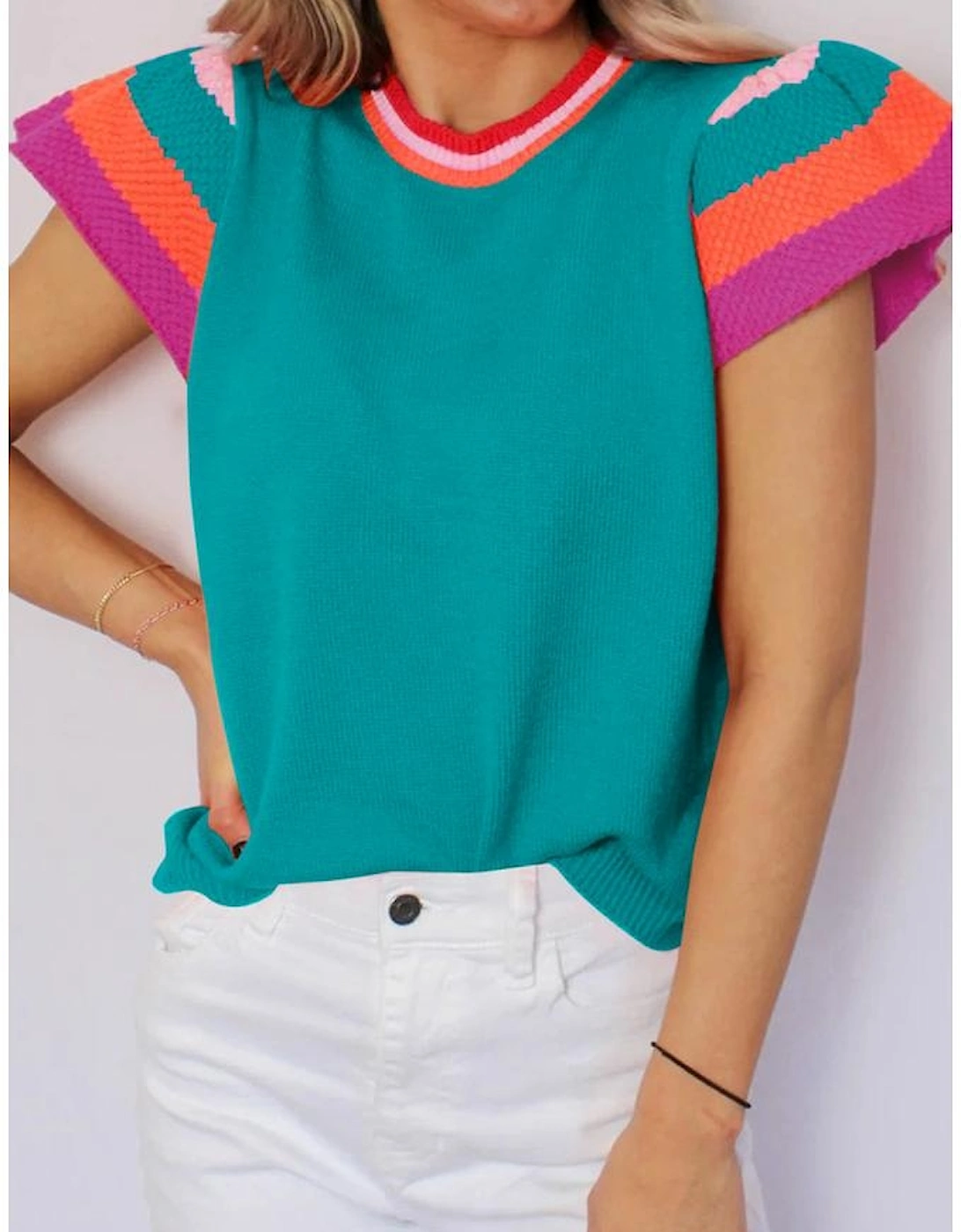 Turquoise Contrast Flutter Sleeves Knitted Sweater T Shirt