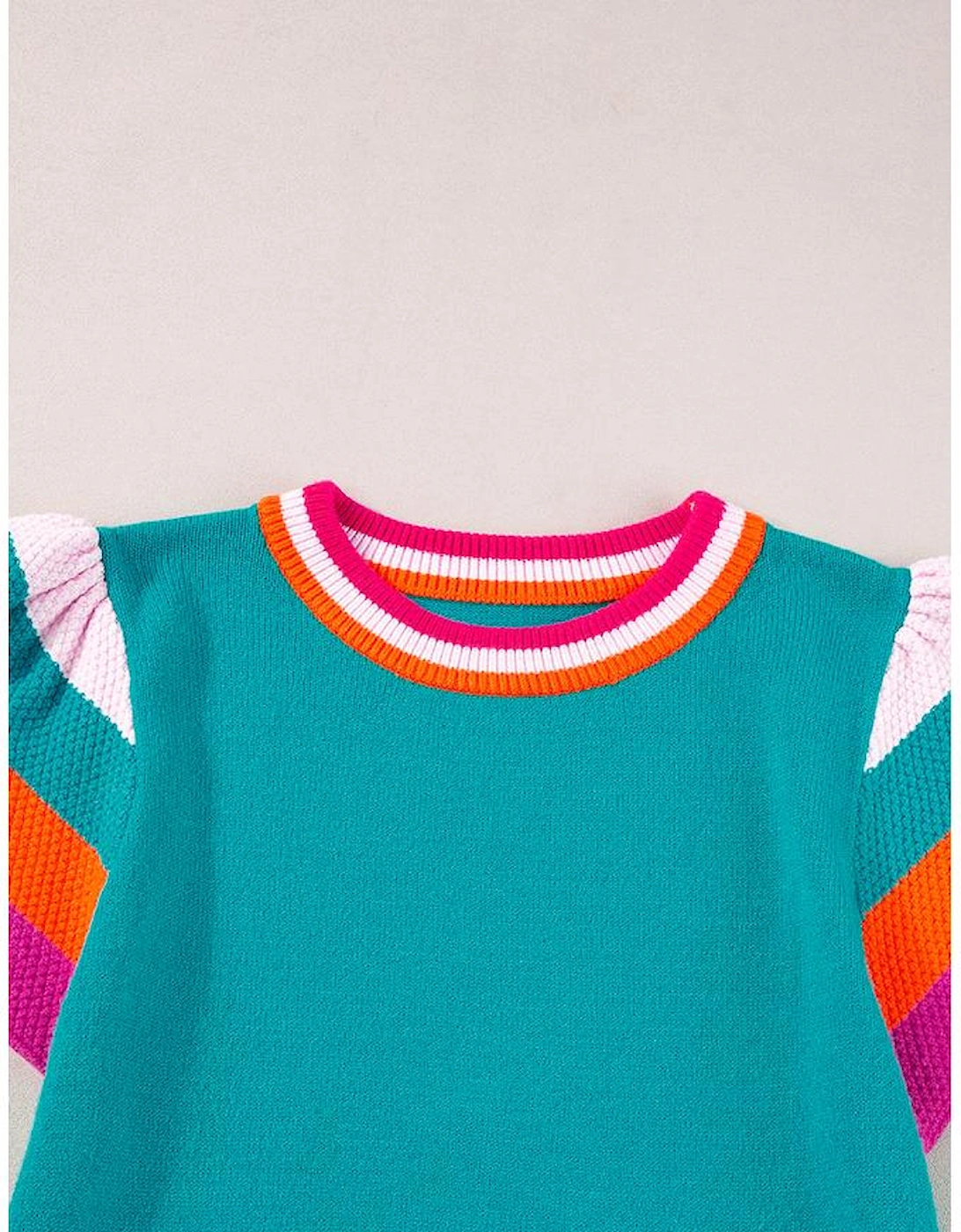 Turquoise Contrast Flutter Sleeves Knitted Sweater T Shirt