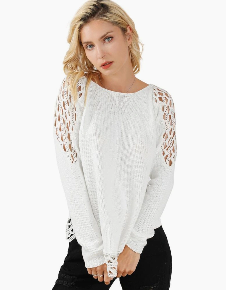 White Solid Scoop Neck Hollow Out Sweater