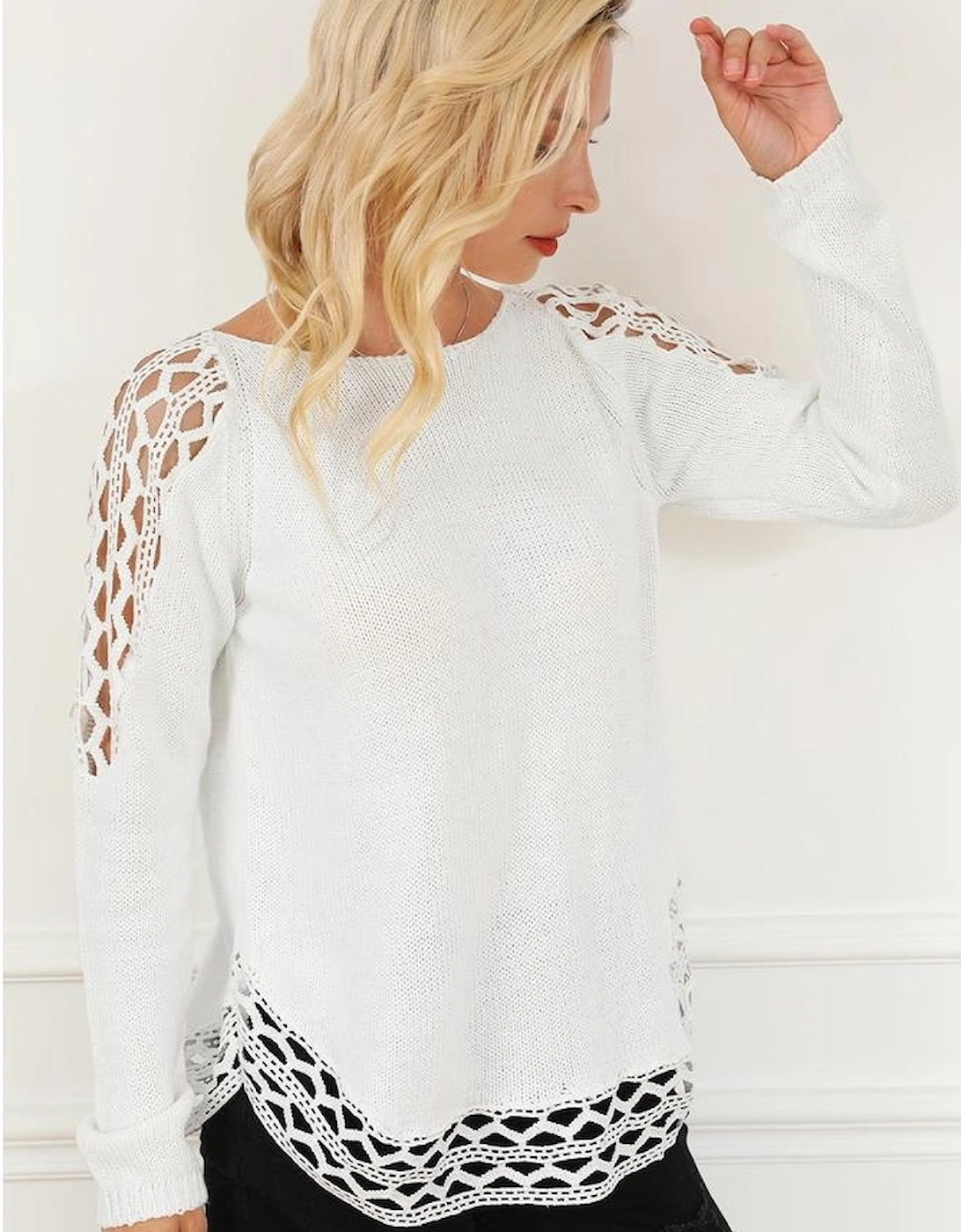 White Solid Scoop Neck Hollow Out Sweater