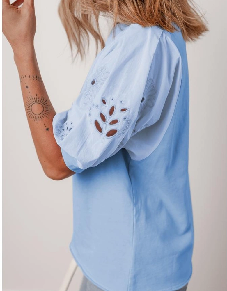 Beau Blue Eyelet Flower Embroidered Puff Short Sleeve Patchwork Crew Neck Blouse