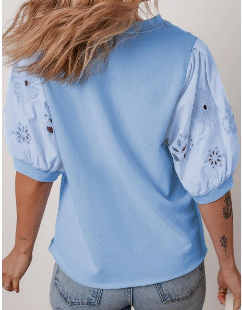 Beau Blue Eyelet Flower Embroidered Puff Short Sleeve Patchwork Crew Neck Blouse