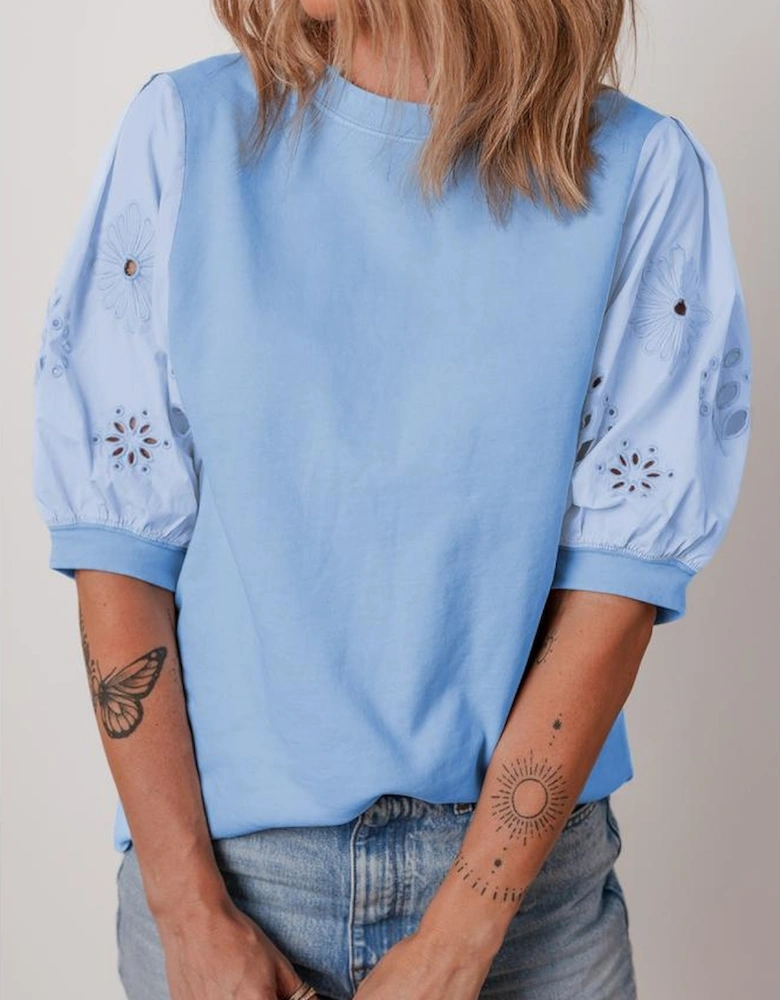 Beau Blue Eyelet Flower Embroidered Puff Short Sleeve Patchwork Crew Neck Blouse