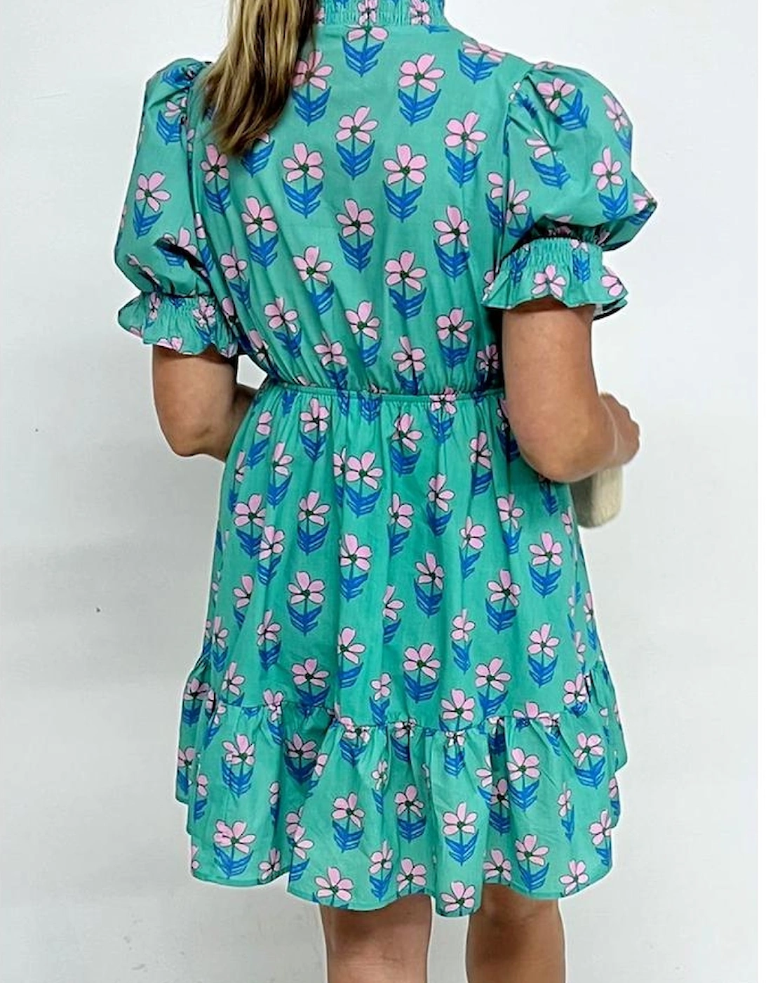 Green Floral Print Frilly Smocked Detail High Waist Mini Dress, 12 of 11