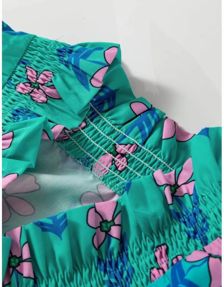 Green Floral Print Frilly Smocked Detail High Waist Mini Dress