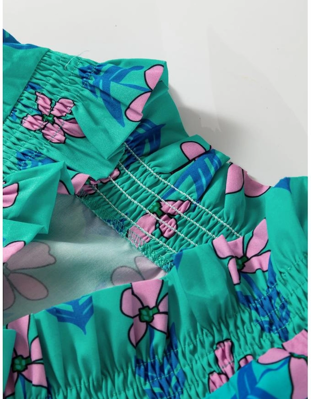 Green Floral Print Frilly Smocked Detail High Waist Mini Dress