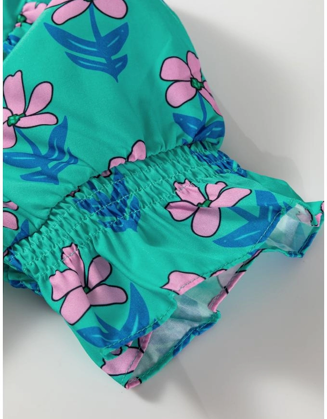 Green Floral Print Frilly Smocked Detail High Waist Mini Dress