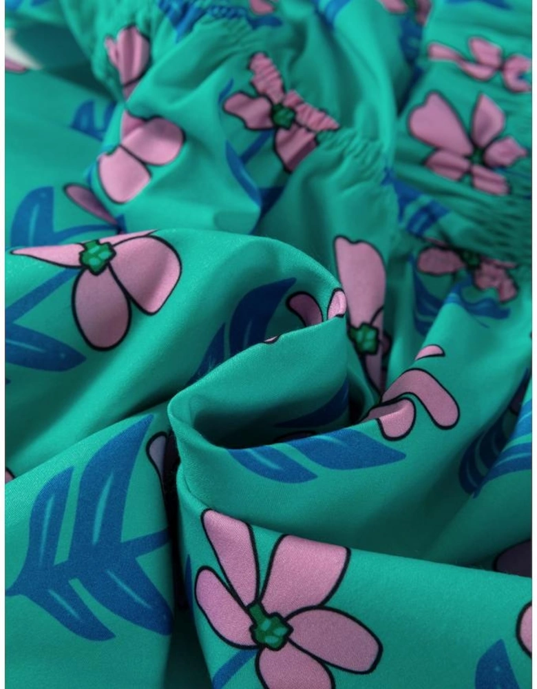 Green Floral Print Frilly Smocked Detail High Waist Mini Dress