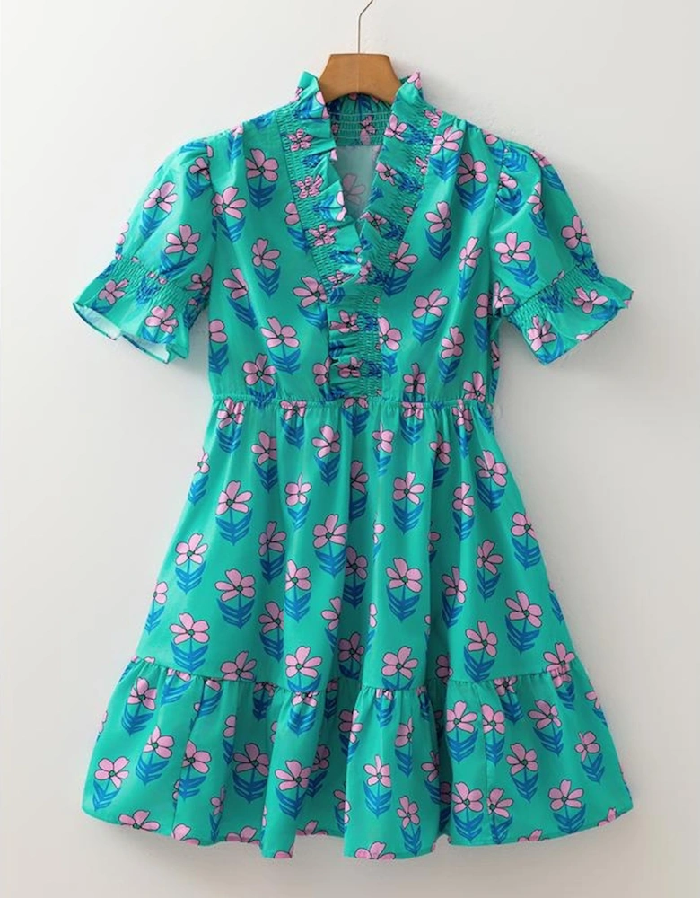 Green Floral Print Frilly Smocked Detail High Waist Mini Dress