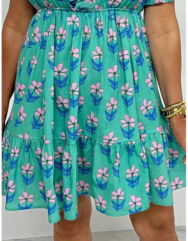 Green Floral Print Frilly Smocked Detail High Waist Mini Dress
