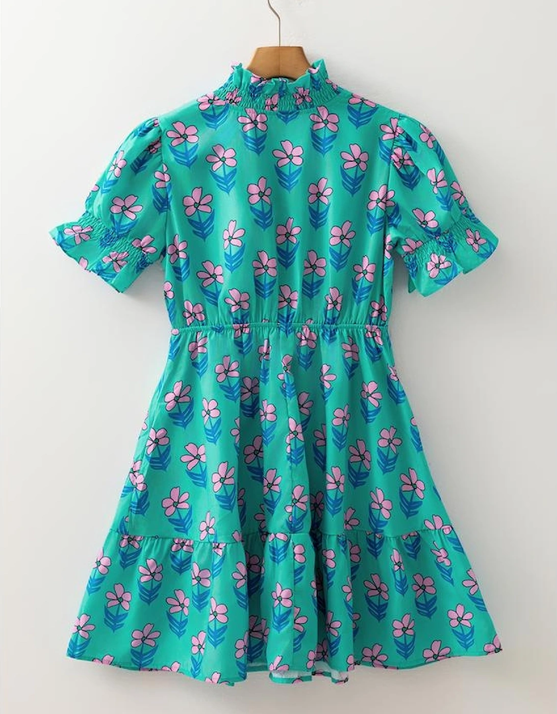 Green Floral Print Frilly Smocked Detail High Waist Mini Dress