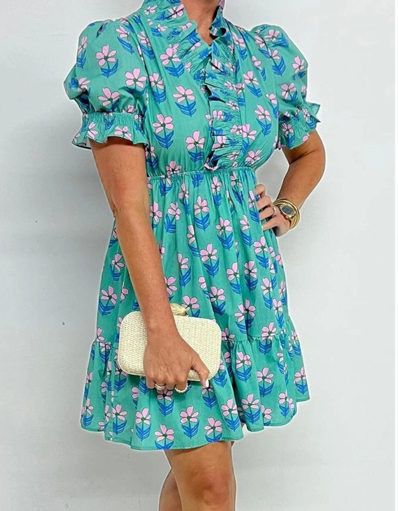 Green Floral Print Frilly Smocked Detail High Waist Mini Dress