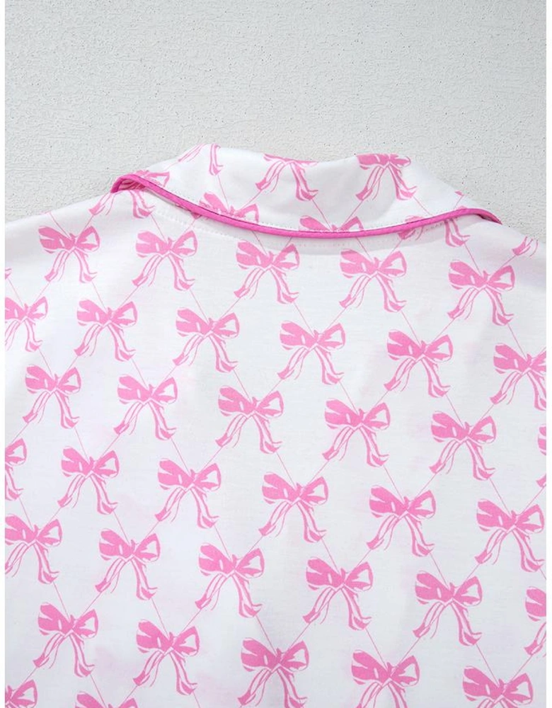 Pink Bowknot Printed Short Sleeve and Ruffled Shorts Valentines Pajama Set
